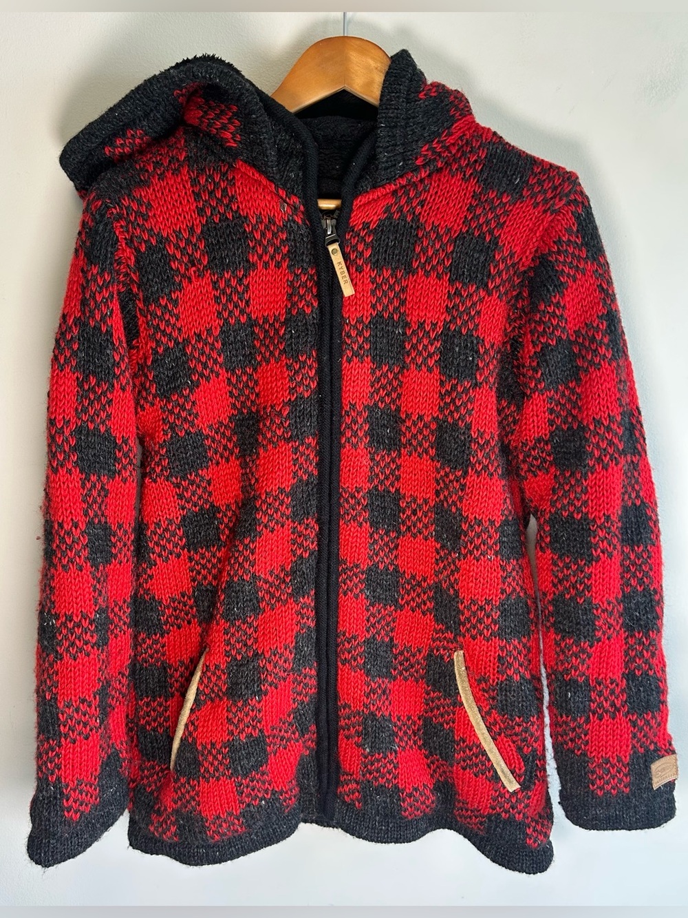 Kyber Outerwear Red Black Buffalo Plaid Wool Jacket Sweater Men’s L Fleece Hood